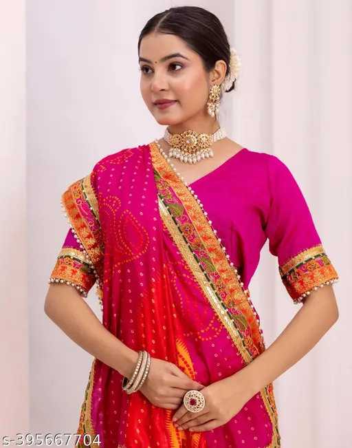 Women&amp;amp;#039;s Bandhani Saree With Lace Border And Unstitched Blouse Piece