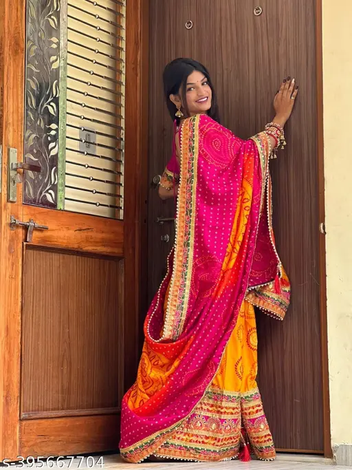 Women&amp;amp;#039;s Bandhani Saree With Lace Border And Unstitched Blouse Piece