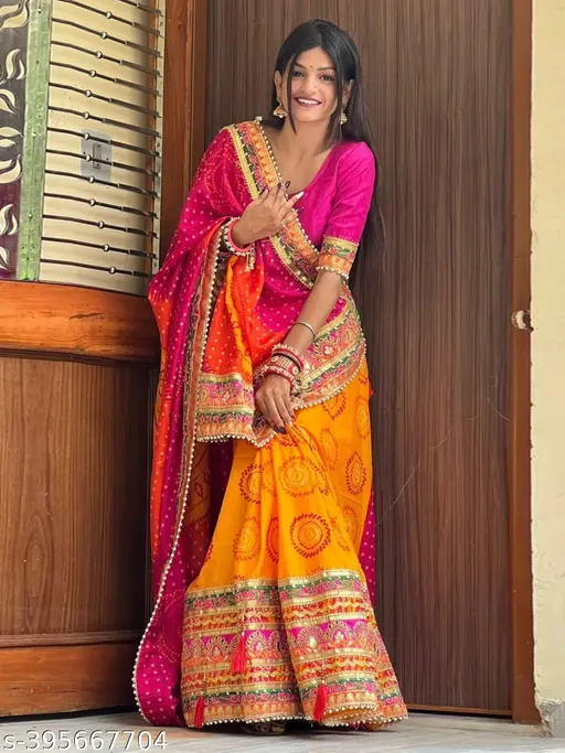 Women&amp;amp;#039;s Bandhani Saree With Lace Border And Unstitched Blouse Piece