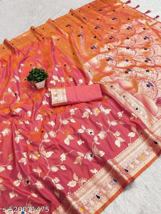 Orange Coloured Premium Soft silk saree and heavy design with tussales.