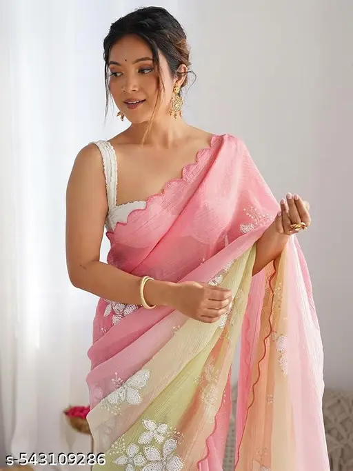 DESIGNER SAREE WITH VERY SOFT AND SHINY FABRIC SEQUANCE WORK AND UNSTICHED BLOUSE