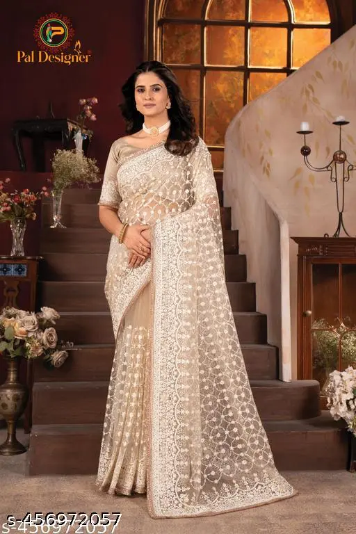 Creem Color Embroidered Sarees