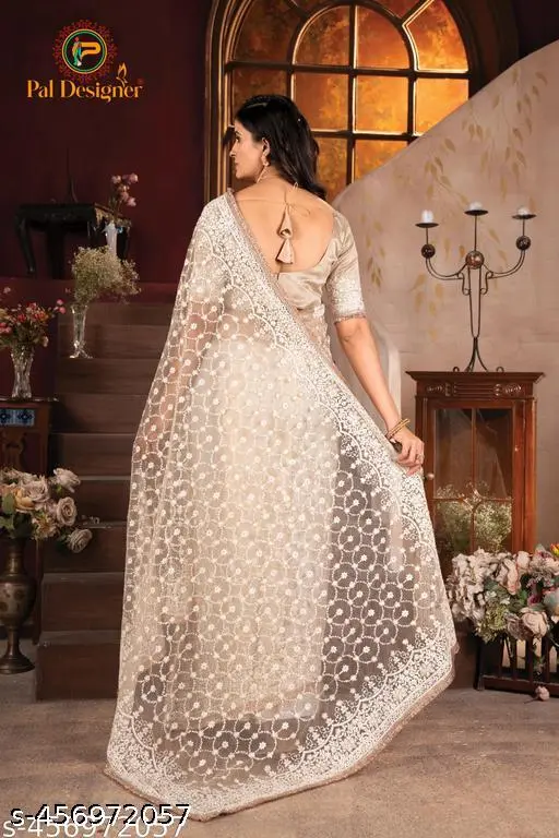 Creem Color Embroidered Sarees