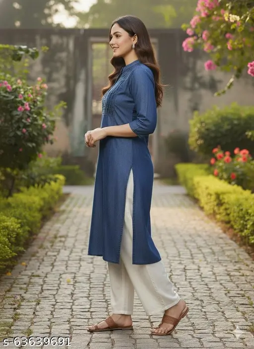 Salwa Kurti Zigzag Design Three Quarter Sleeves Zigzag Design Pure Cotton Denim KURTI FOR Womens And Girls ( color- navy blue )
