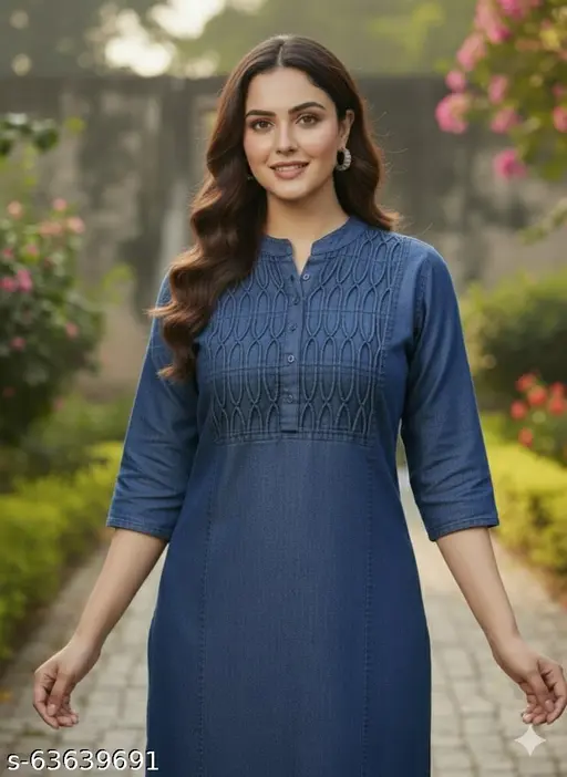 Salwa Kurti Zigzag Design Three Quarter Sleeves Zigzag Design Pure Cotton Denim KURTI FOR Womens And Girls ( color- navy blue )