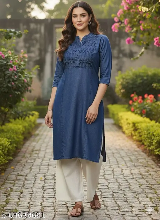 Salwa Kurti Zigzag Design Three Quarter Sleeves Zigzag Design Pure Cotton Denim KURTI FOR Womens And Girls ( color- navy blue )