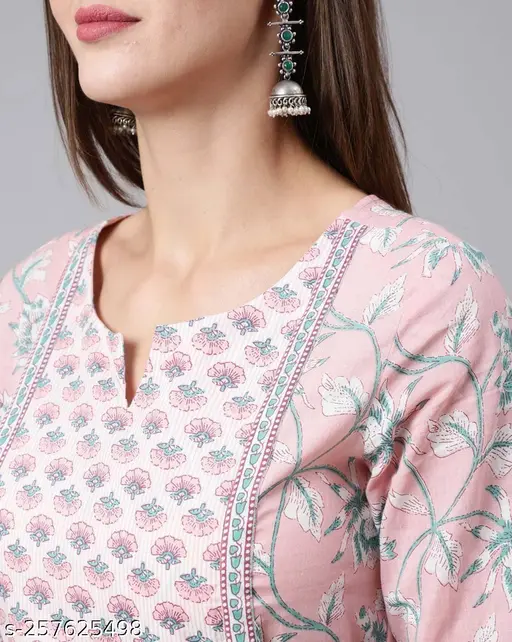 Women Light Pink Botanical Print Flared Kurta Dress (4041PINK)