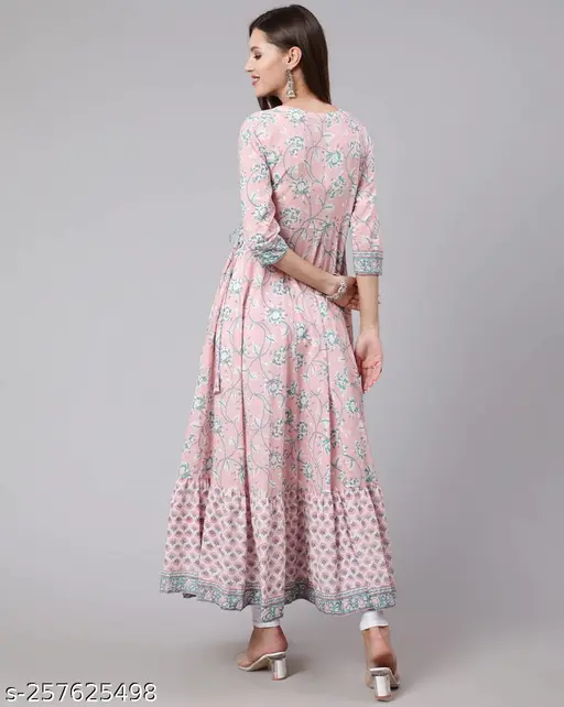 Women Light Pink Botanical Print Flared Kurta Dress (4041PINK)