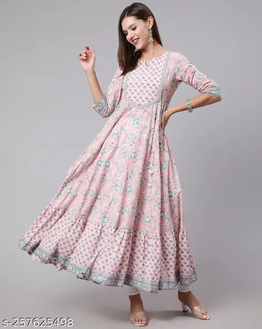 Women Light Pink Botanical Print Flared Kurta Dress (4041PINK)