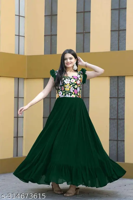 A women&amp;amp;amp;#039;s traditional ethnic long Anarkali gown and Maxi Dress made of Georgette with embroidery work, Green Party Wear Gown, Floral Embroidery Dress, Readymade Ethnic Gown