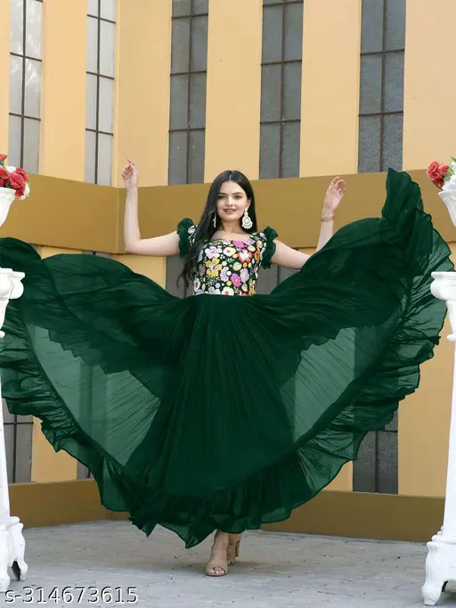 A women&amp;amp;amp;#039;s traditional ethnic long Anarkali gown and Maxi Dress made of Georgette with embroidery work, Green Party Wear Gown, Floral Embroidery Dress, Readymade Ethnic Gown