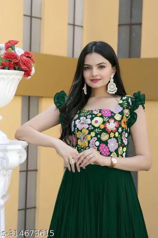 A women&amp;amp;amp;#039;s traditional ethnic long Anarkali gown and Maxi Dress made of Georgette with embroidery work, Green Party Wear Gown, Floral Embroidery Dress, Readymade Ethnic Gown