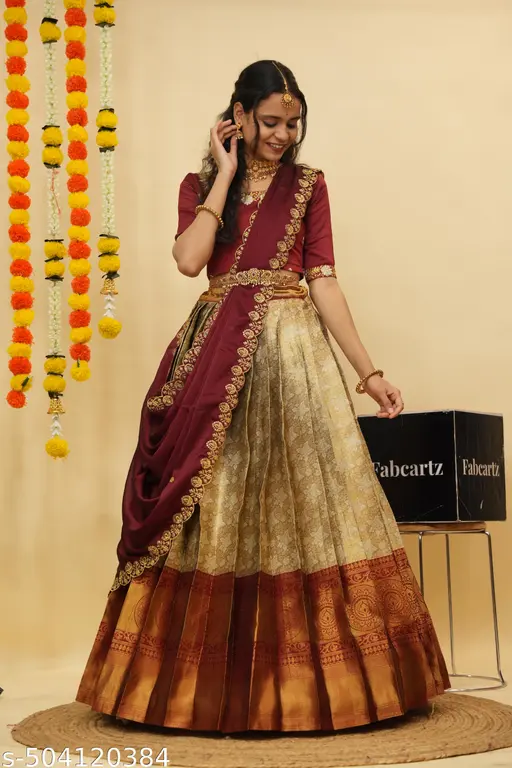 Beautiful Semistitch Half Saree with Woven Design &amp;amp; Rangoli Embroidery Dupatta For Women