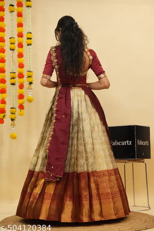 Beautiful Semistitch Half Saree with Woven Design &amp;amp; Rangoli Embroidery Dupatta For Women