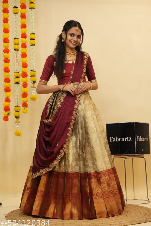 Beautiful Semistitch Half Saree with Woven Design &amp;amp; Rangoli Embroidery Dupatta For Women