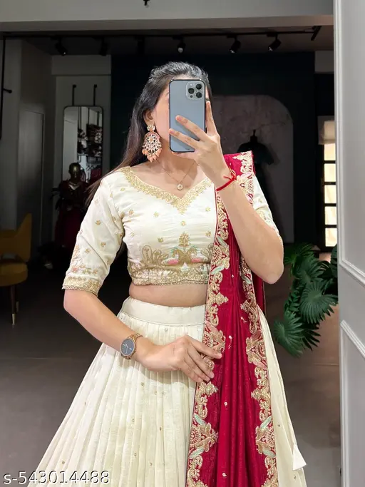 SANDYKART Women&amp;#039;s Vichitra Embroidered Semi-Stitched Lehenga Choli