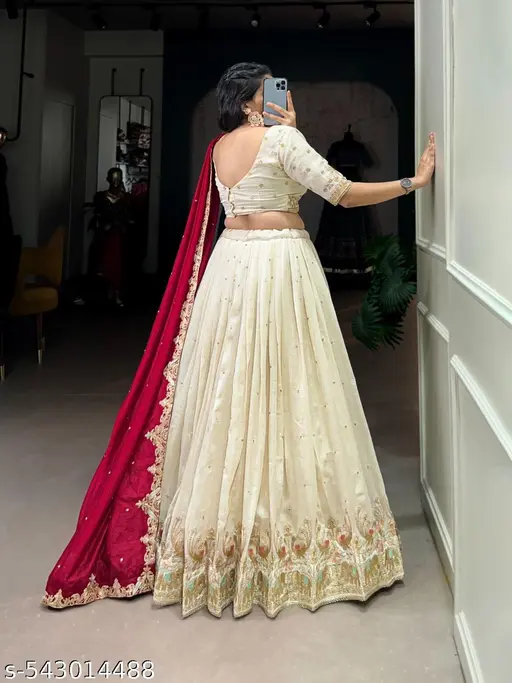SANDYKART Women&amp;#039;s Vichitra Embroidered Semi-Stitched Lehenga Choli