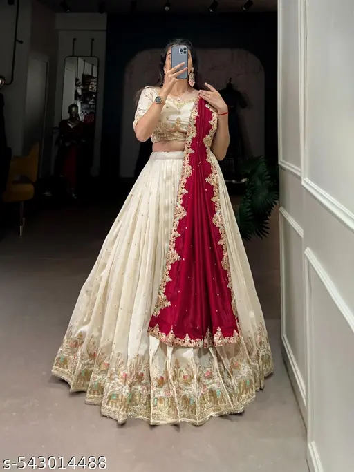 SANDYKART Women&amp;#039;s Vichitra Embroidered Semi-Stitched Lehenga Choli