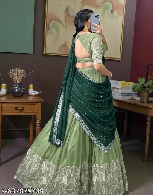 Embroidered V-Neck Semi-Stitched Lehenga &amp;amp; Unstitched Blouse With Dupatta