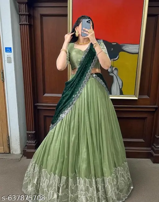 Embroidered V-Neck Semi-Stitched Lehenga &amp;amp; Unstitched Blouse With Dupatta