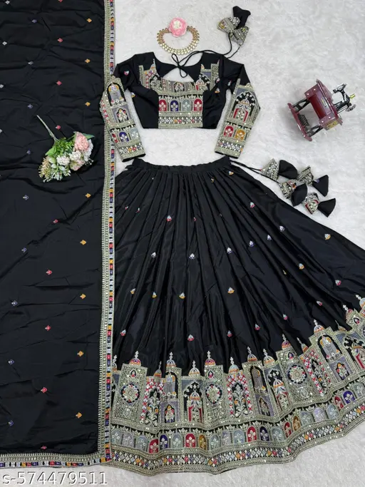 Embroidered &amp;amp; Sequence Work Black Lehenga Choli