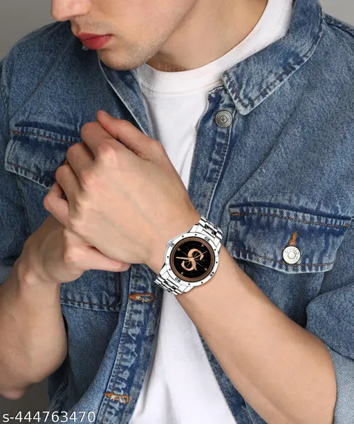 Gadgets WorldAnalog Round Black Dial ALPHABET S Design Stylish Silver Stainless Steel Strap Classic Design Fancy Wrist Watch for Men and Boys, Pack of 1 - ALPHA-S-AVO-SIL-STL