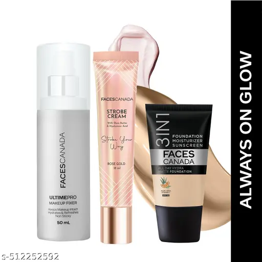 FACES CANADA Always On Glow Combo - All Day Hydra Matte Foundation - Absolute Ivory 012 (18 ml) + Strobe Cream - Rose Gold (18 ml) + Ultime Pro Makeup Fixer (50 ml) | Illuminating &amp;amp;amp;amp; Glowing Makeup Base | Long Lasting Makeup Setting Spray