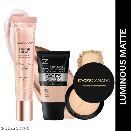 FACES CANADA Luminous Matte Combo - Strobe Cream - Rose Gold (18 ml) + Weightless Stay Matte Compact Powder - Natural 02 (9 gm) + Hydra Matte Foundation - Rose Ivory 011 (18 ml) | Illuminating &amp;amp;amp; Glowing Makeup Base | 10HR Long Wear