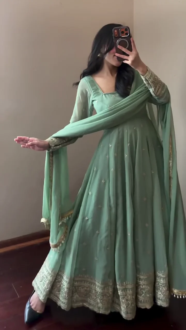 Women&amp;amp;amp;#039;s Gown | Embroidered Heavy Fandy Silk Outfit | Designer Embroidered Dress with Dupatta | Long Sleeve Gowns