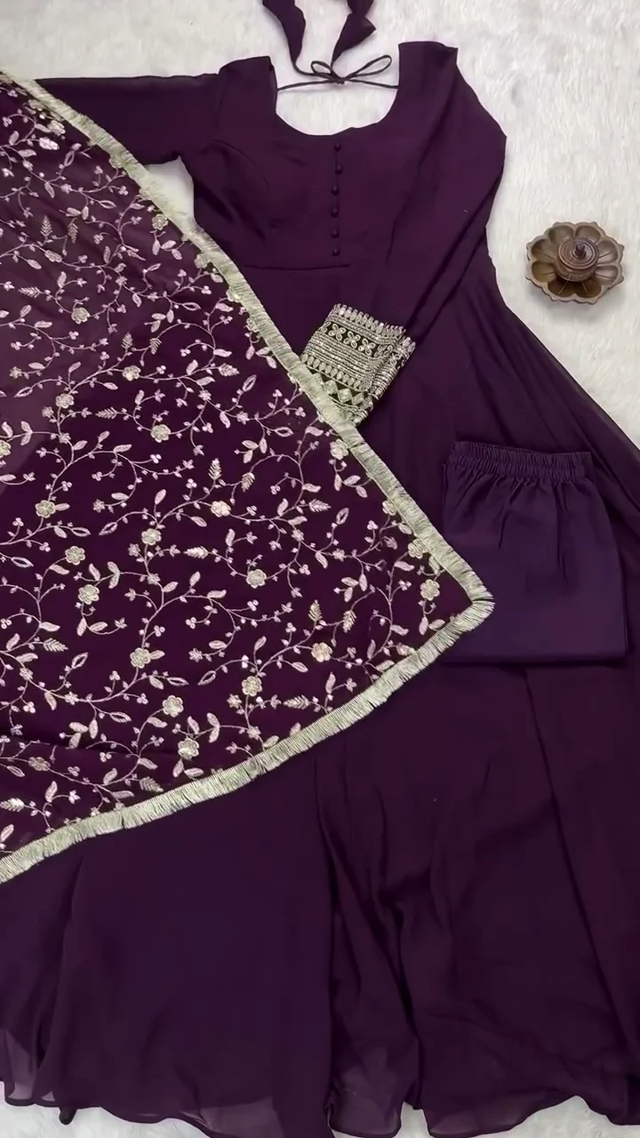 PRISTINO Latest Designer Anarkali 2Piece Dress With Embroidery Worked Dupatta No Bottom Wear For Women Wine