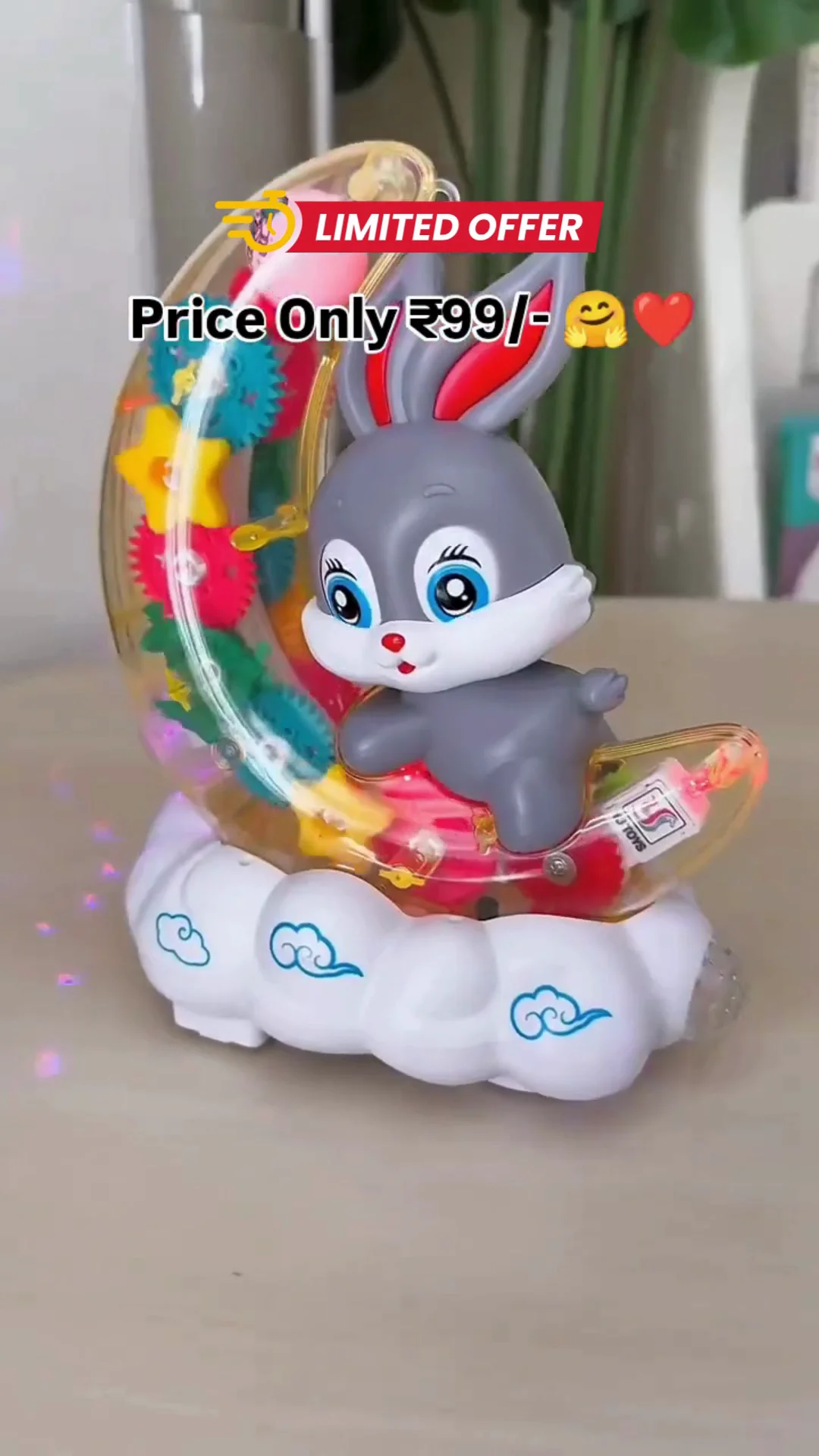 Gear Display Transparent Moon Rabbit Toy for Kids – 360° Rotating Gears with 3D Flashing LED Lights, Musical Electric Motion Baby Toddler Musical Night Light Toy