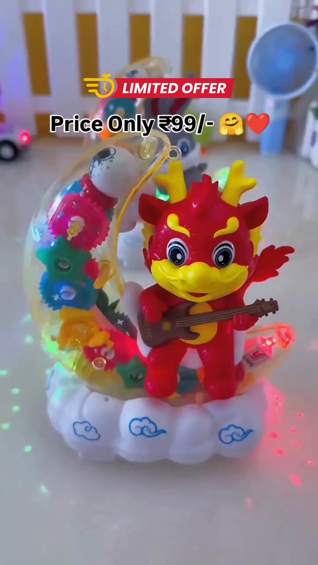 Gear Display Transparent Moon Rabbit Toy for Kids – 360° Rotating Gears with 3D Flashing LED Lights, Musical Electric Motion Baby Toddler Musical Night Light Toy