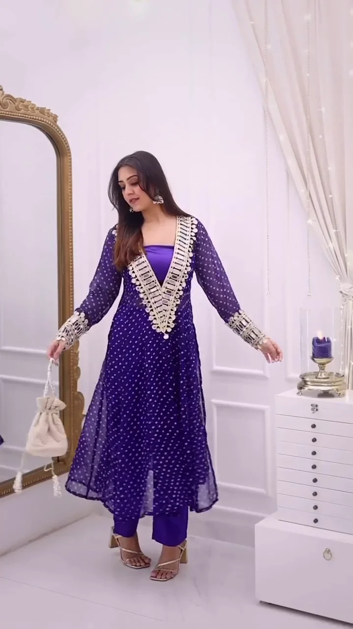 Womens Georgette Royal Blue Mirror Work Anarkali Kurti with Pant