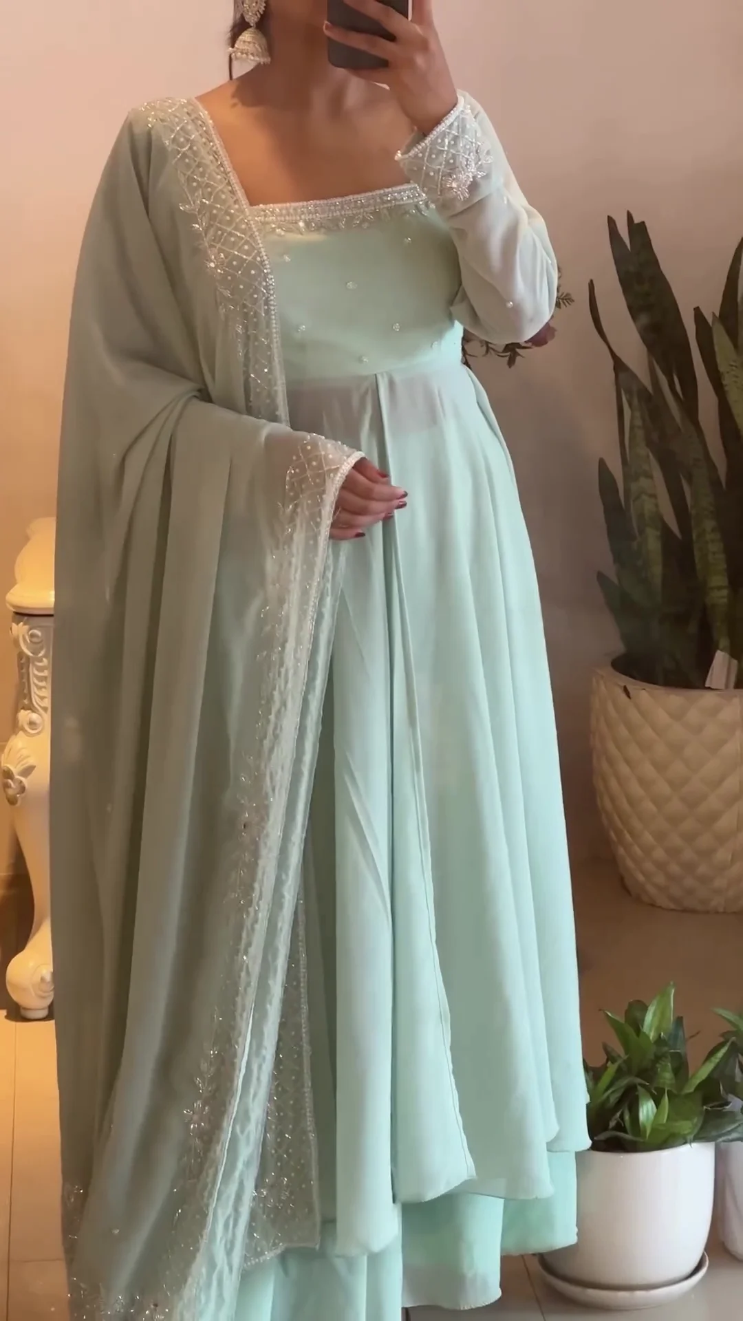 Women&amp;amp;amp;amp;#039;s Mint Green Sandy Silk Anarkali Kurta Palazzo With Dupatta Set | Ethnic Indian Wear