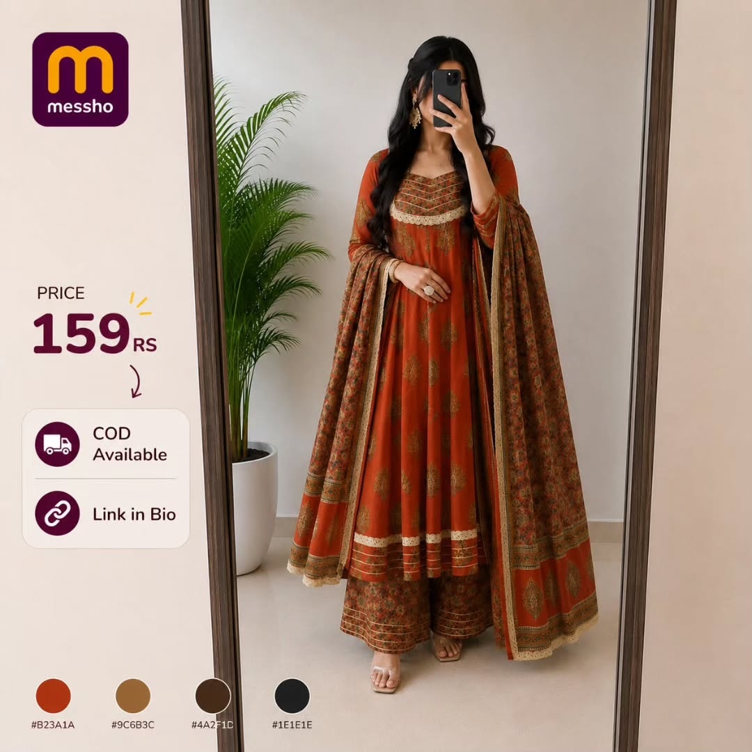 MOKOSH Women&amp;amp;#039;s Cotton Print Anarkali Printed Anarkali Kurta And Sharara with Dupatta Set