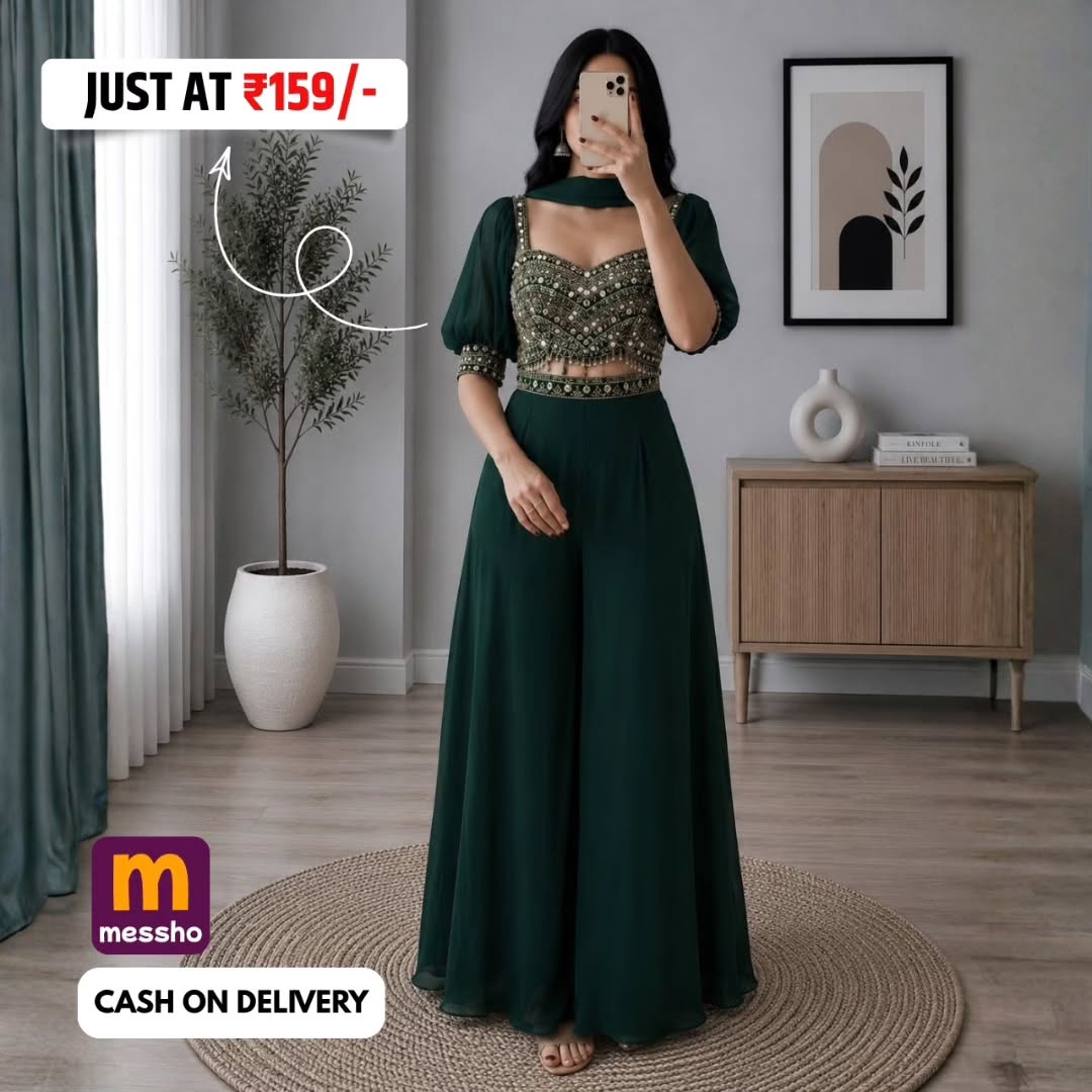 Mirror Embroidered Bishop Sleeves Crop Top &amp;amp;amp; Palazzo With Dupatta