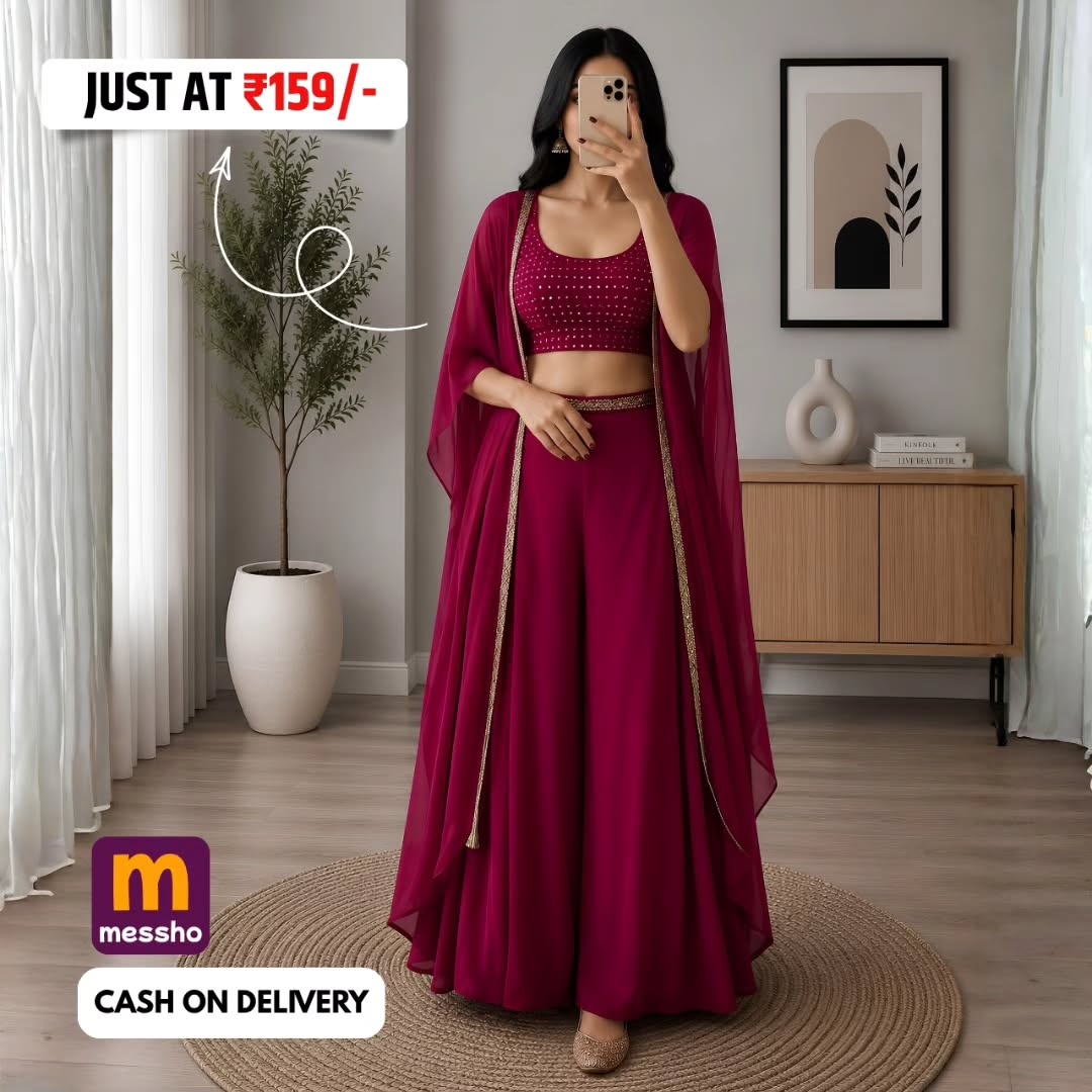 Embroidered Crop Top With Shrug &amp;amp;amp; Palazzos