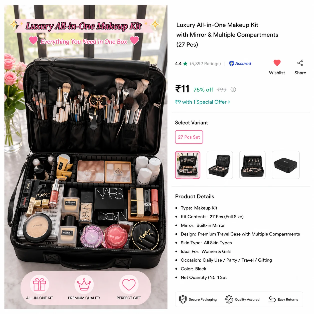 Seagull flight of fashion Nylon Cosmetic Bag,Makeup Organizer Bag Home &amp;amp;amp; Travel,Professional Use,Large Vanity Bag Dividers Brushes,Toiletries,Cosmetics 40 X 29 X 16 Cm-Rose Gold-Large - Polyurethane
