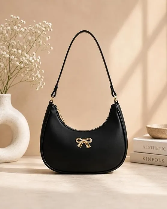 Shoulder Handbag with Gold Bow Detail