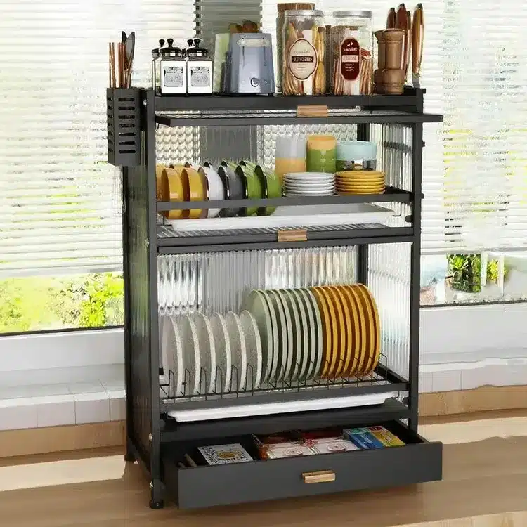 Multi-Layer Kitchen Dish Rack Storage Cabinet with Sliding Doors