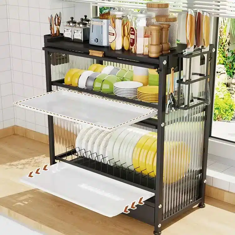 Multi-Layer Kitchen Dish Rack Storage Cabinet with Sliding Doors